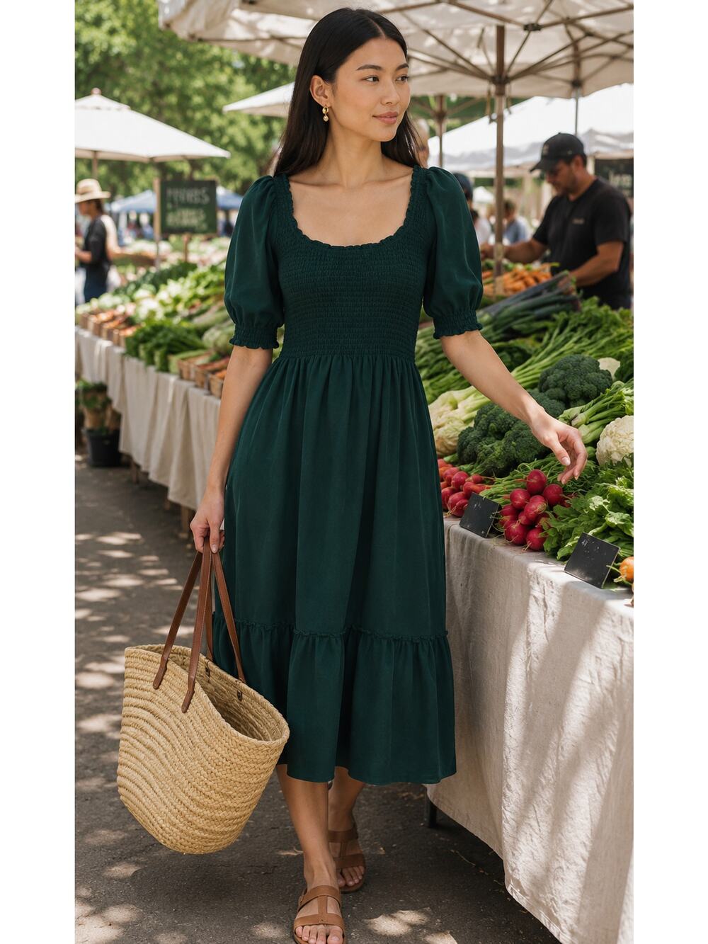 Hill House XS Louisa Nap Dress $218 Puff Shoulder Midi Smocked Cottagecore Green